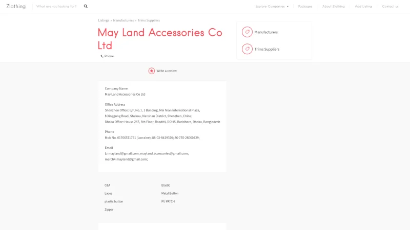 MAY LAND ACCESSORIES CO. LTD website screenshot